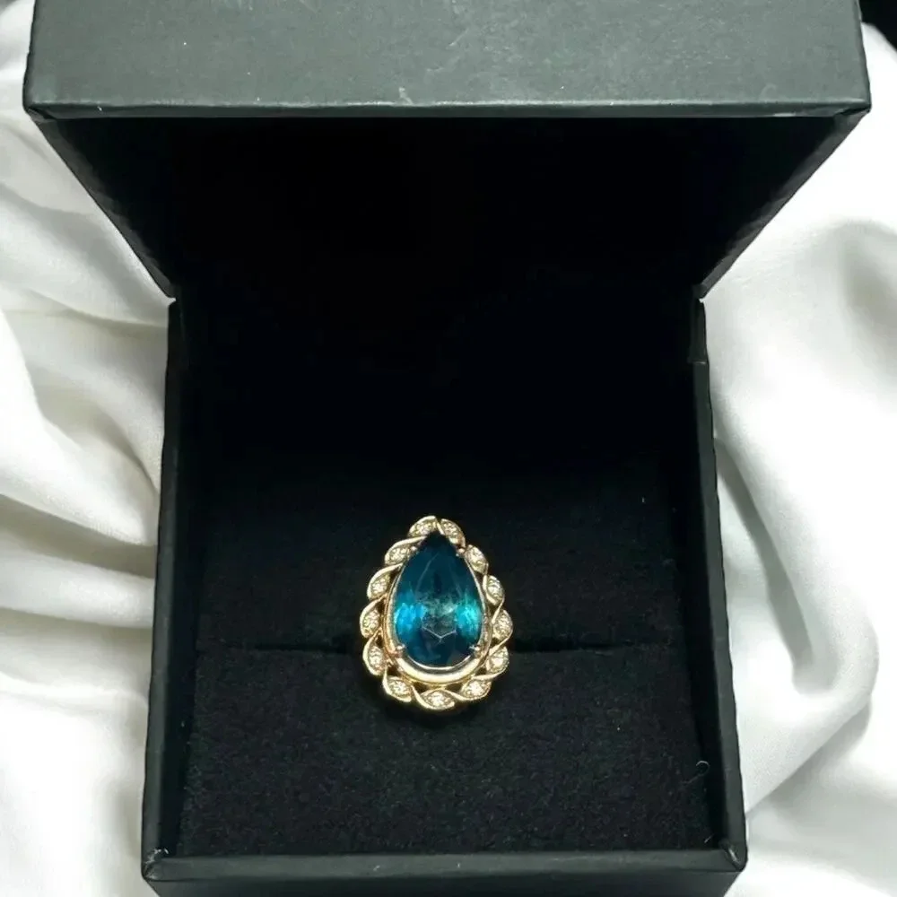 Le Vian 14K Gold Pear Shaped Natural Blue Topaz and Diamonds Ring, Size 5 - Picture 2 of 8